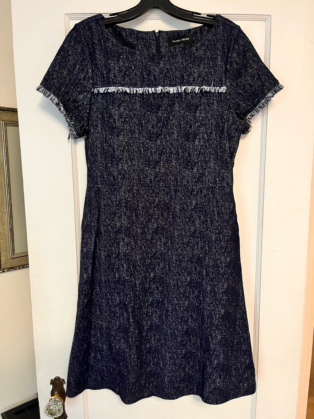 Ivanka Trump Navy Tweed Shift Dress with Fringe Trim